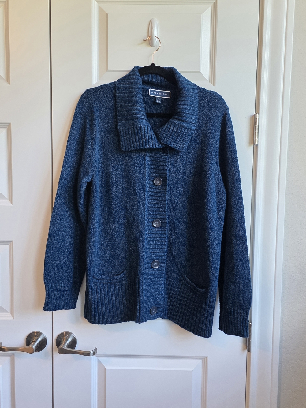 Karen Scott XL Blue Marled Button Front Shawl Collar Cardigan Sweater